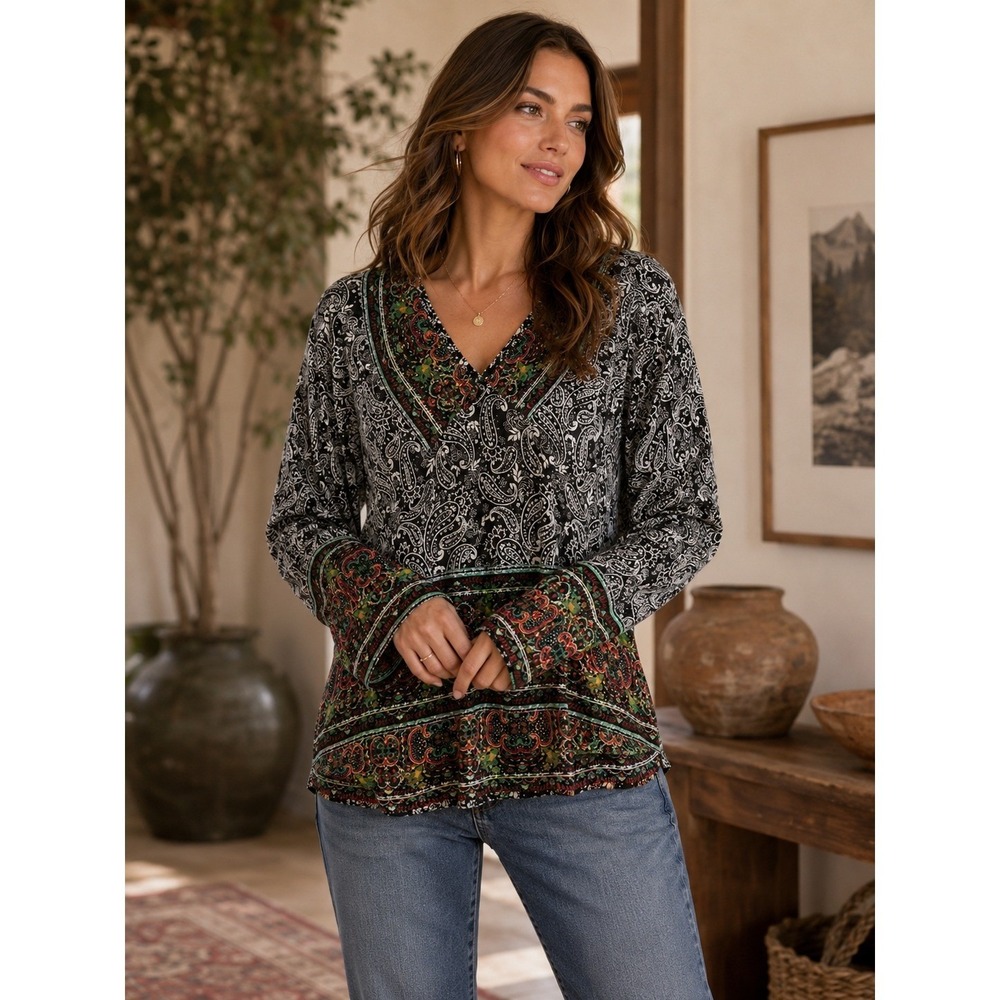 En Creme Top Women Small Black Paisley‎ Boho Peasant Festival Coastal